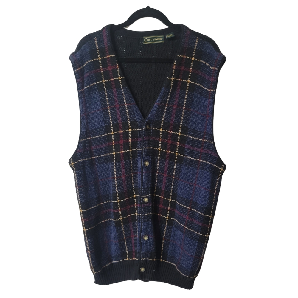 Croft & Barrow Vintage V-Neck Plaid Sweater Vest - Navy and Black Sz XLT